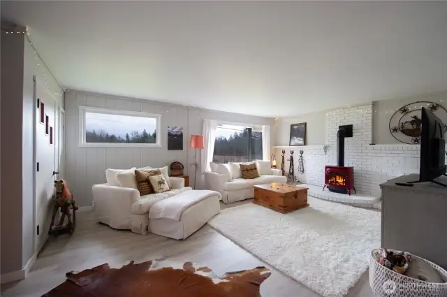 Large, bright living room with new gas heat stove