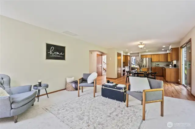 Looking back into the kitchen from open concept family room.
