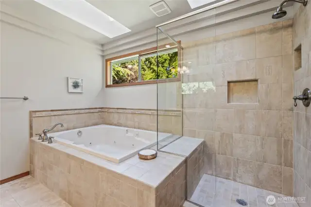 Gorgeous shower and soaker tub.
