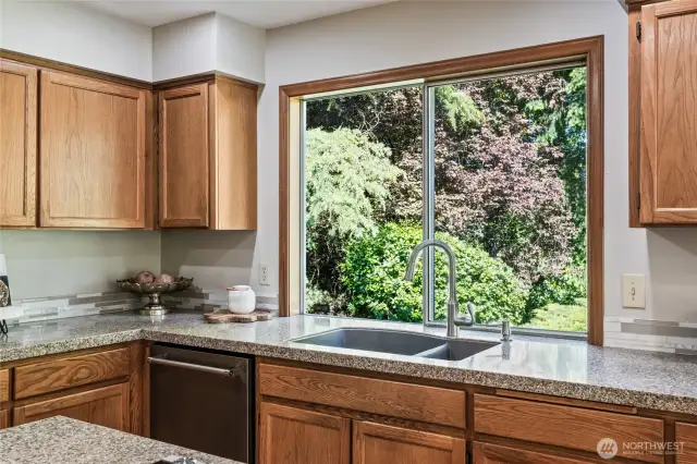 Peaceful view to greenbelt from the kitchen sink.