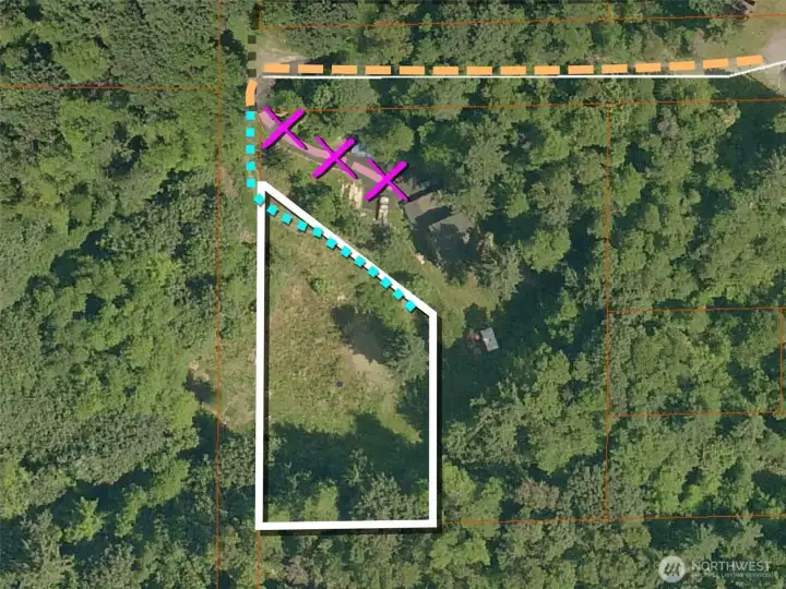Approximate boundaries are in white with driveway in blue.