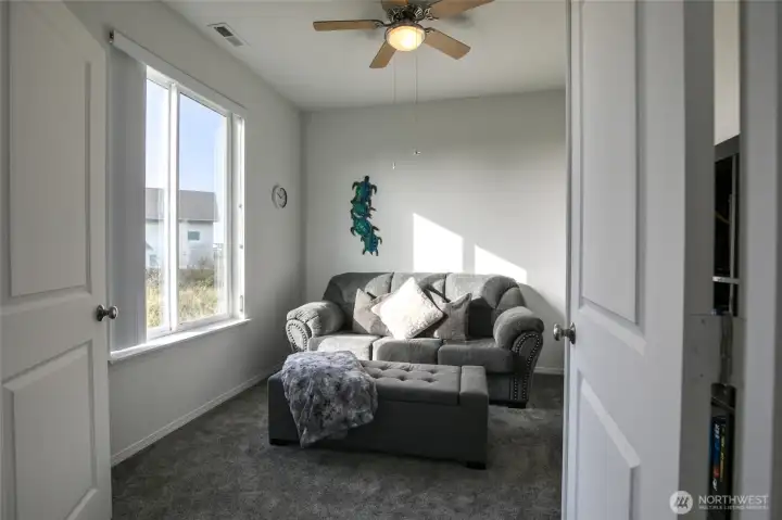 The front bedroom, just off the living room, can also be used as a den or office, with beautiful French doors leading to the room.