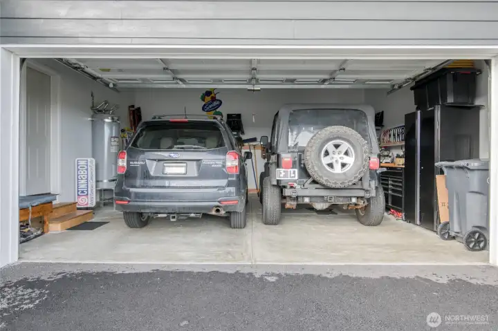 A quick peek inside the two-car garage, with storage space too!