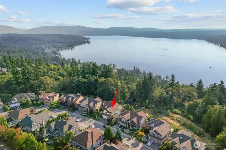 Aerial view highlighting the home’s desirable Sammamish location near Lake Sammamish and surrounding neighborhoods.