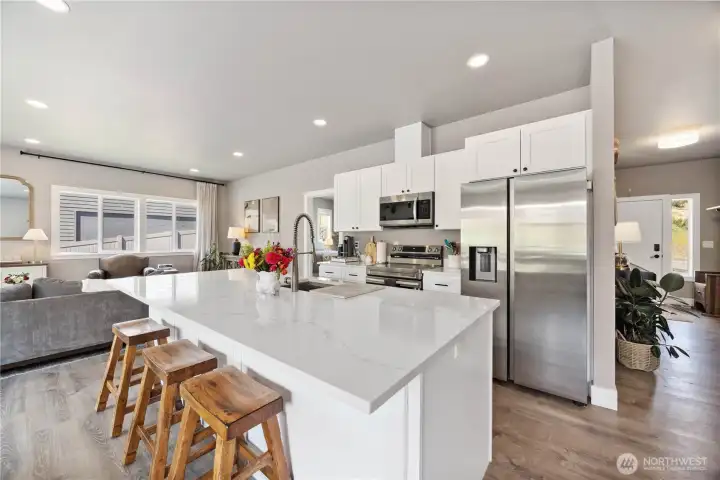 Views of open kitchen with large island