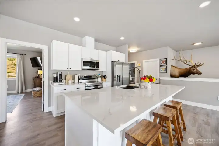 Views of open kitchen with large island