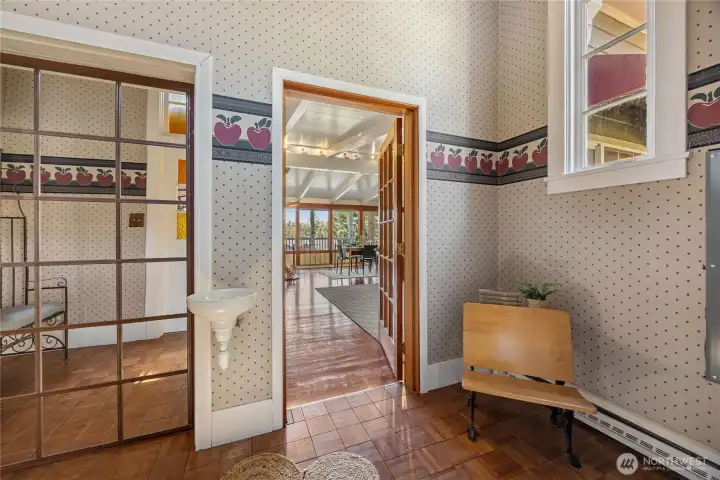 School's main entry has original drinking fountain.