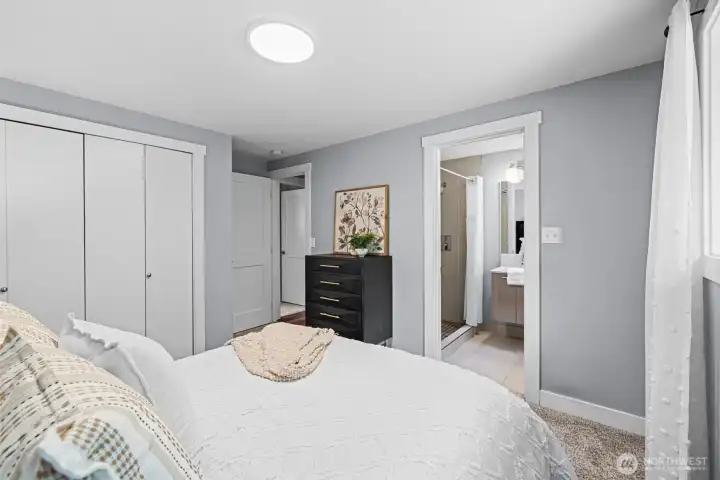 Updated lighting, white interior room doors. Curtain rod and panels stay with home.