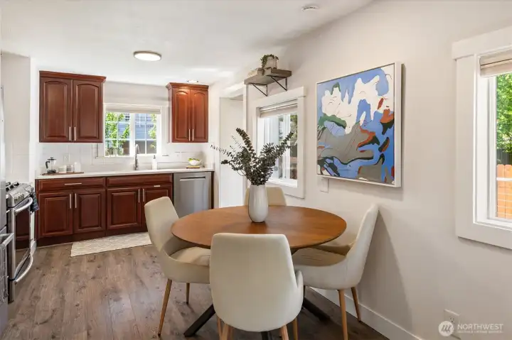Off from the other living spaces is the kitchen with quartz counters.