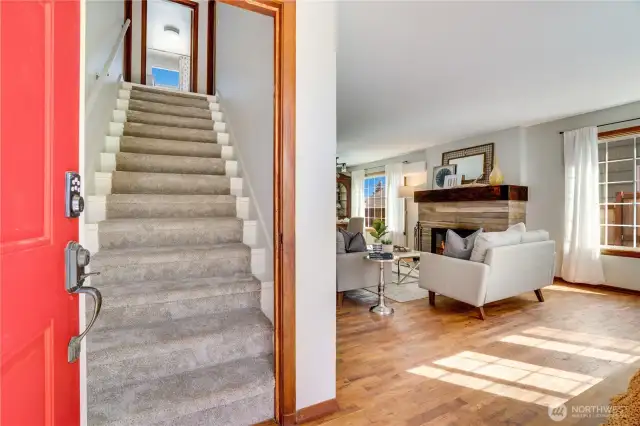 Take the freshly carpeted staircase from the entry up to the 2nd floor. Unlike many sets of stairs, these are fairly wide and not too steep.