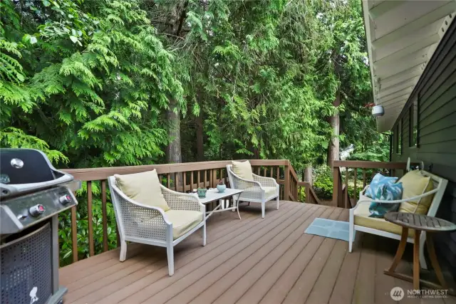 Trex deck off the dining room with stairs to the backyard