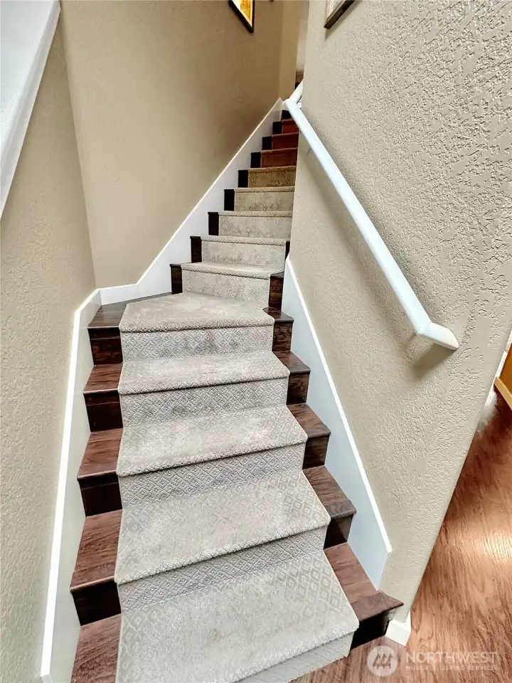 Beautiful Laminate hardwood stairs with carpet runner.