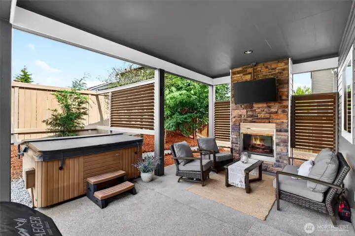 Backyard oasis! Grill, chill, soak, dine, or watch movies! Hot tub works perfectly and seller will include some water treatment supplies they have.