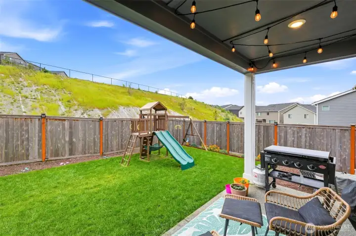 Backyard has lush grass and a covered space for seating... plus a playset that can convey or not.