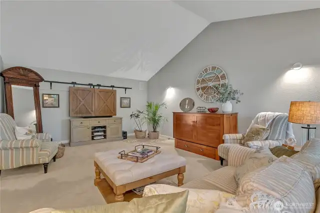 Cozy yet very spacious. Complementary designer paint selection. TV behind barndoors shutters.  It can stay or go.