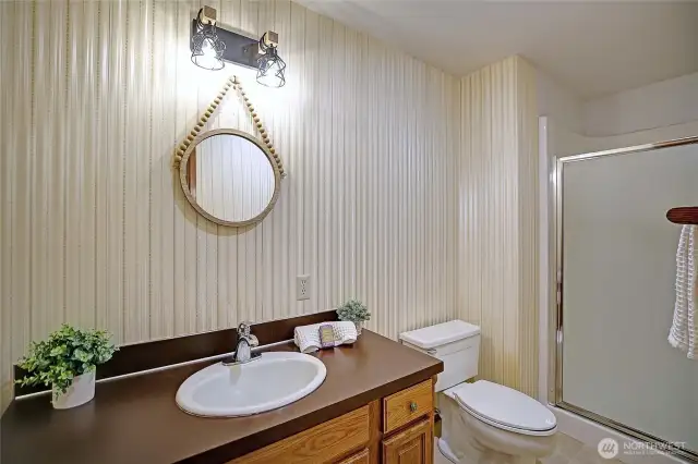 The 3rd bathroom complete with newer walk in shower.  Also a new fixture adorns this space to create more light.