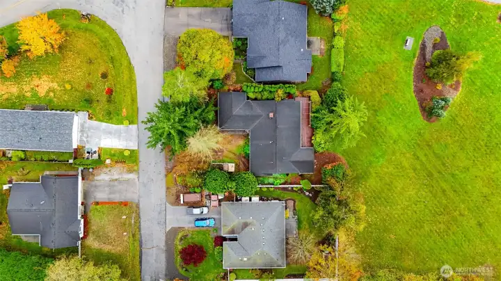 Arial view of home and well maintained community park