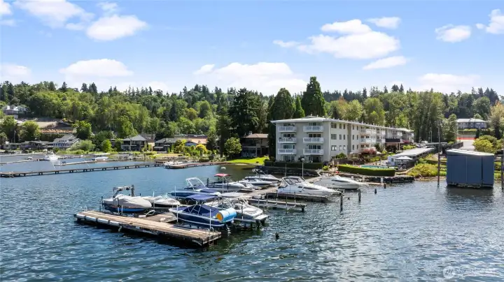 Lakeside community with swimming pool and boat slips
