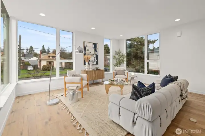 Living room, large windows and views of Ballard