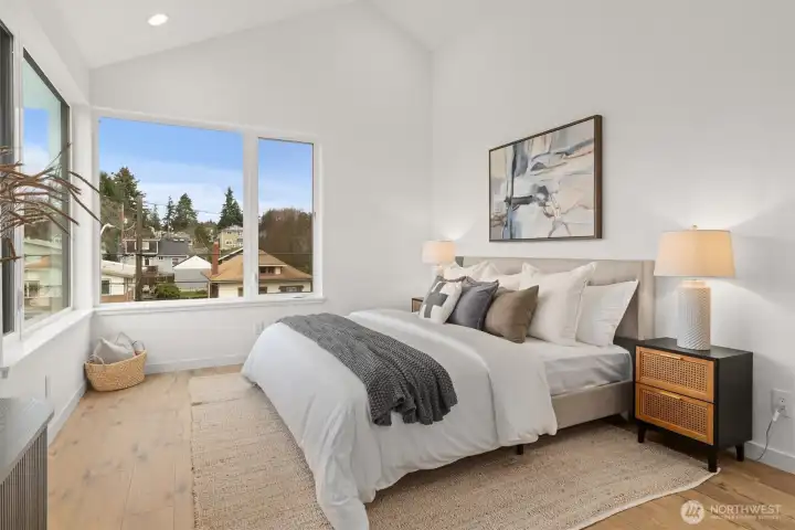 Primary bedroom, large windows with Ballard views