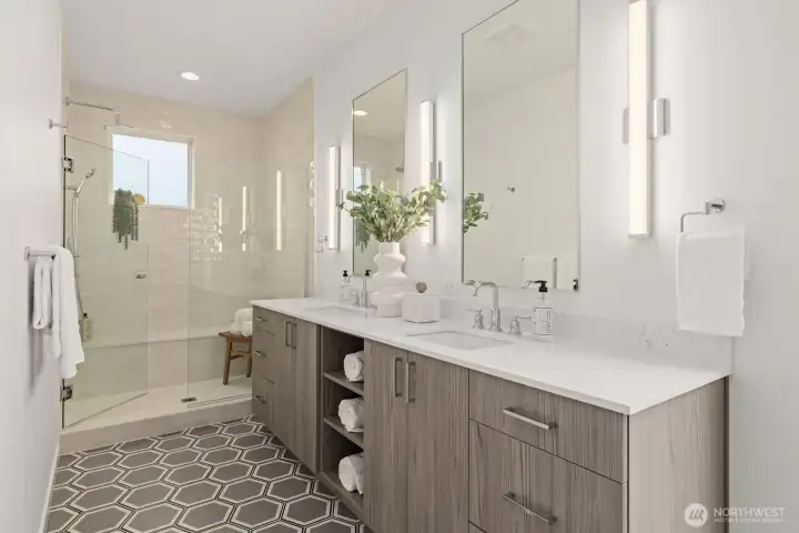 Primary ensuite bathroom, double vanity  and heated floors