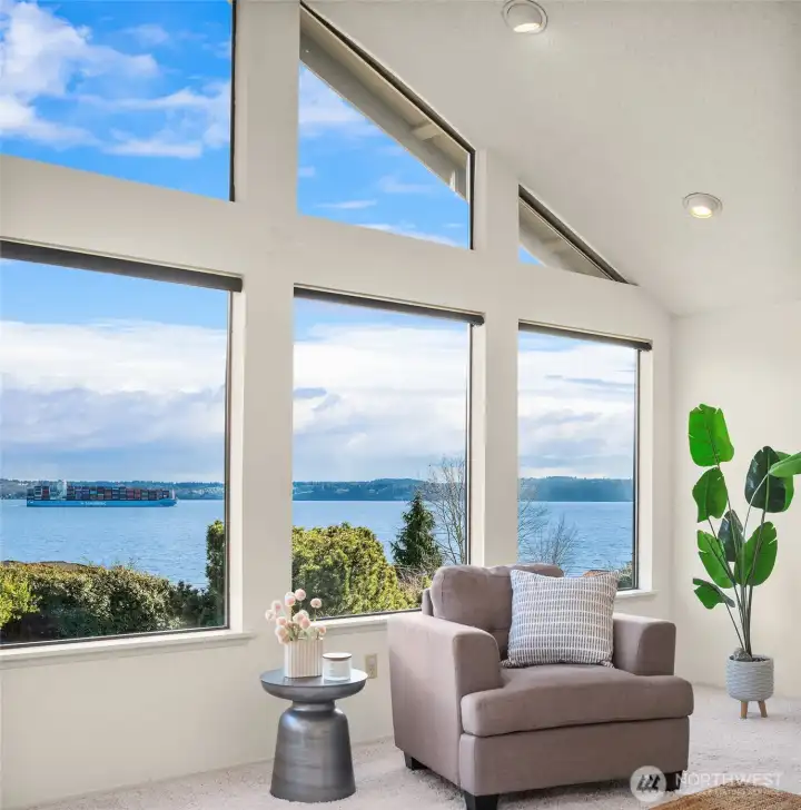 While you can enjoy your morning coffee on the deck during a clear day, get cozy in the large living room to enjoy the same views when it is raining.