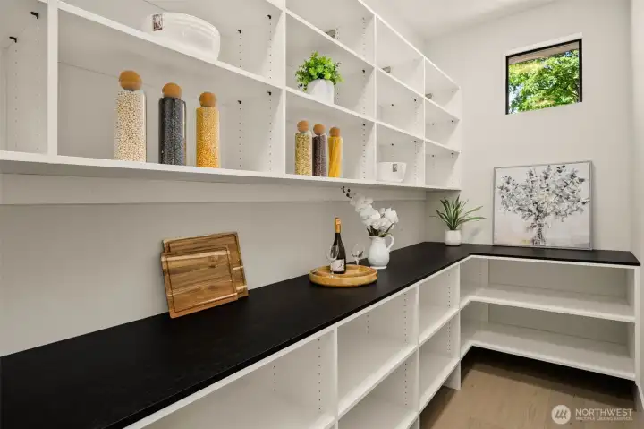 Walk in pantry with custom built ins