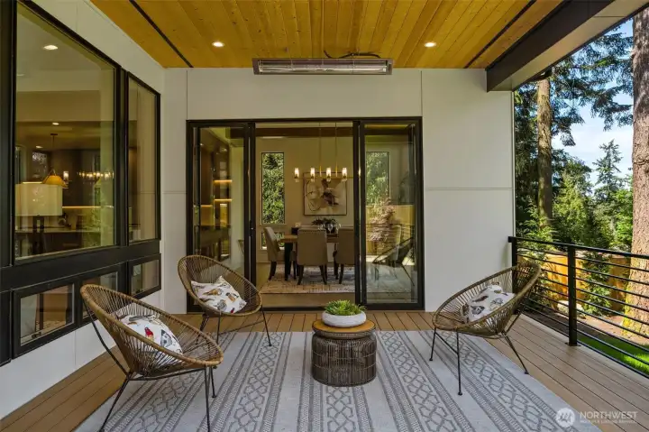 Covered outdoor living with custom deck and Infratech heaters