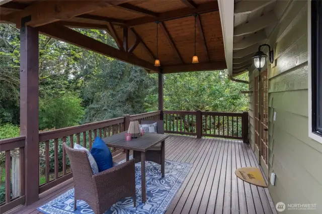 Covered back deck offers more space for entertaining or relaxing. Gas stub on deck for bbq.