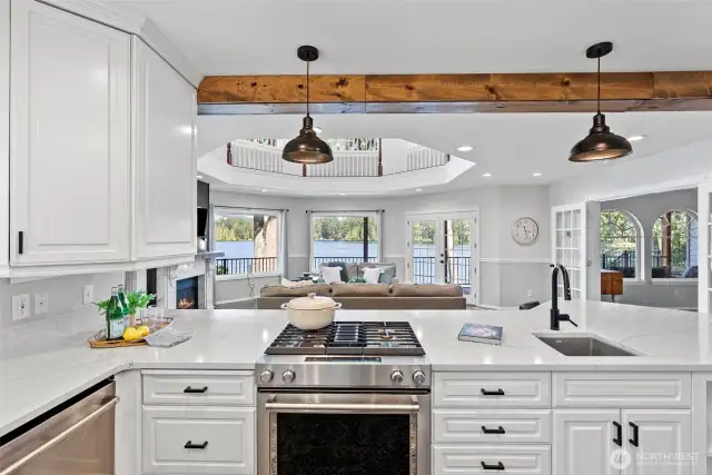 Cooking is a treat with views to the lake, gas range and ample counter space.
