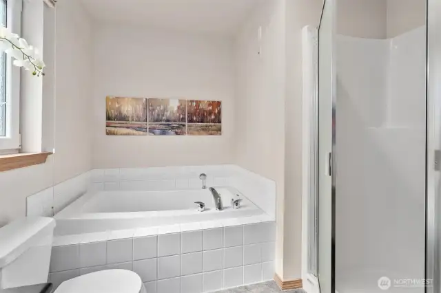 Main floor primary bathroom with shower and soaking tub.