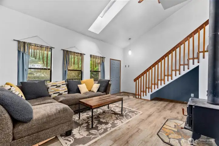 The vaulted ceiling and skylight keeps things spacious and bright.