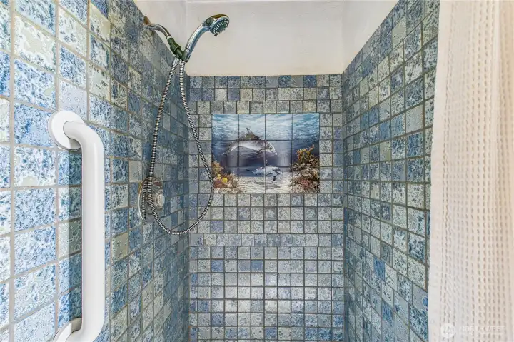 Step-in shower with a grab bar