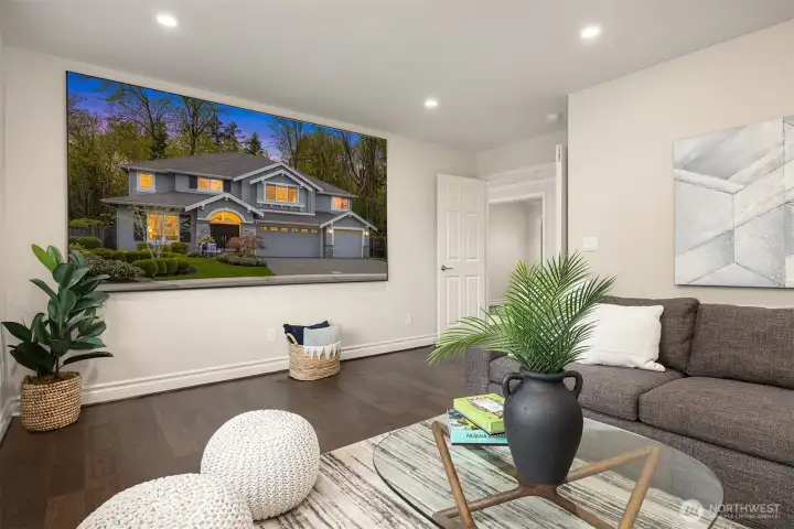 A private home theater on the second level creates an immersive entertainment experience. Featuring Bowers & Wilkins® premium audio for exceptional sound quality. A Silver Ticket® projection screen enhances the cinematic experience.