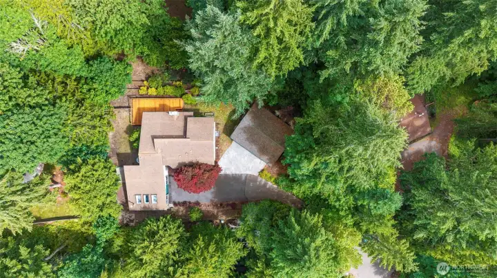 Overhead shot shows the main property, gleaming cedar deck, three car garage and lower level exploration areas. All of these gorgeous evergreens make it so that you don't see your neighbors. Aaaaaahhhhhh Overhead shot shows the main property, gleaming cedar deck, three car garage and lower level exploration areas. All of these gorgeous evergreens make it so that you don't see your neighbors. Aaaaaahhhhhh
