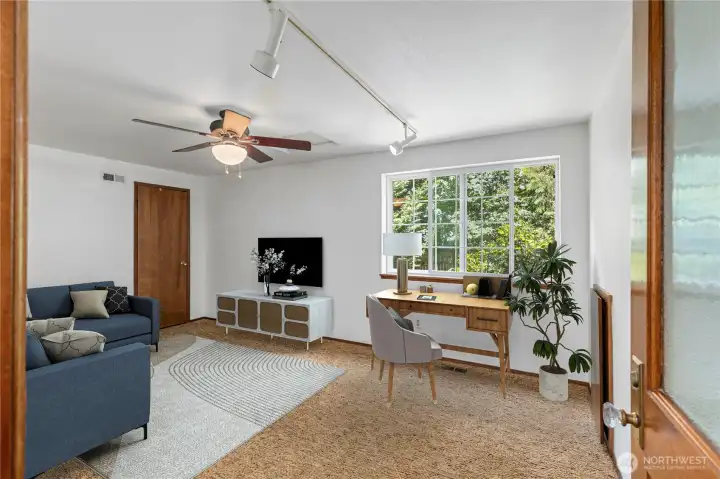 This accurately shows the large amount of space. This could easily be an office for two and/or a play room. Whatever you choose for your lifestyle :) This accurately shows the large amount of space. This could easily be an office for two and/or a play room. Whatever you choose for your lifestyle :)
