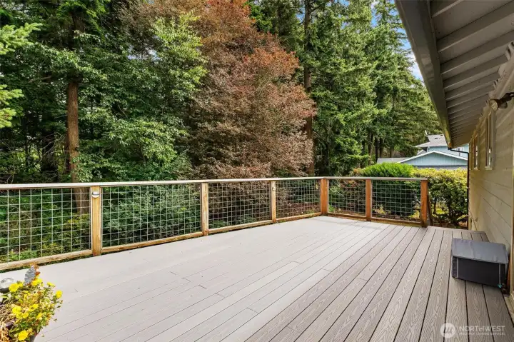 Expansive back deck overlooking your private, serene green space. Expansive back deck overlooking your private, serene green space.