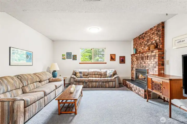Second cozy brick fireplace in the lower level family room. Second cozy brick fireplace in the lower level family room.