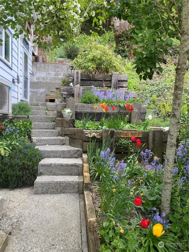 Storybook stairs and tiered beds purfle the exterior.