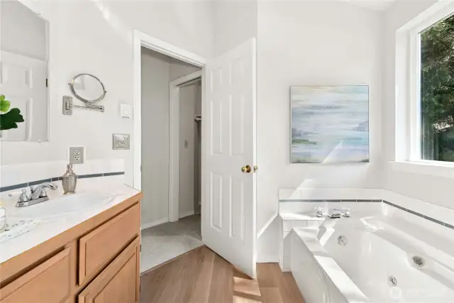 Soaking tub looking out to the backyard & walk-in closet.