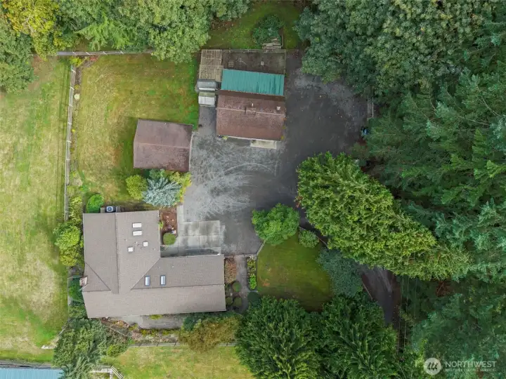 Overhead view showcasing the home's distinctive roofline and architectural design