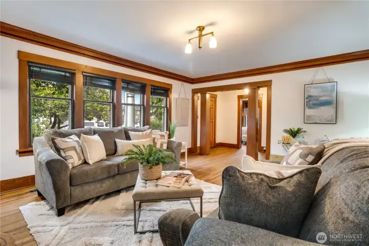 Another angle of the wall of windows welcomes abundant natural light into the space.