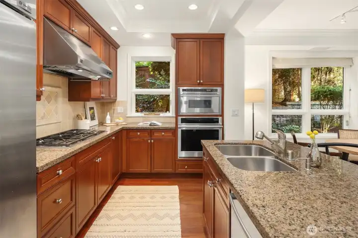 High-end appliances, well-lit, and highly functional kitchen.