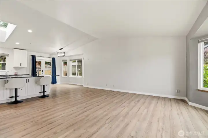 View from entry to Living Room and Kitchen