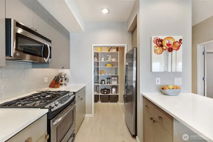 Chefs eat-in kitchen with walk-in pantry