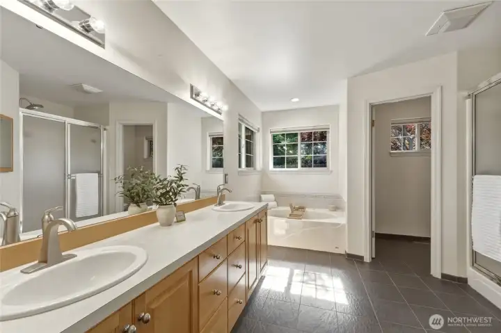 Primary Ensuite Bathroom with Dual Vanity & Heated Tile Floors