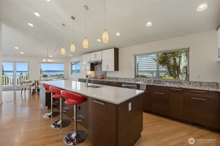 Island with bar seating.