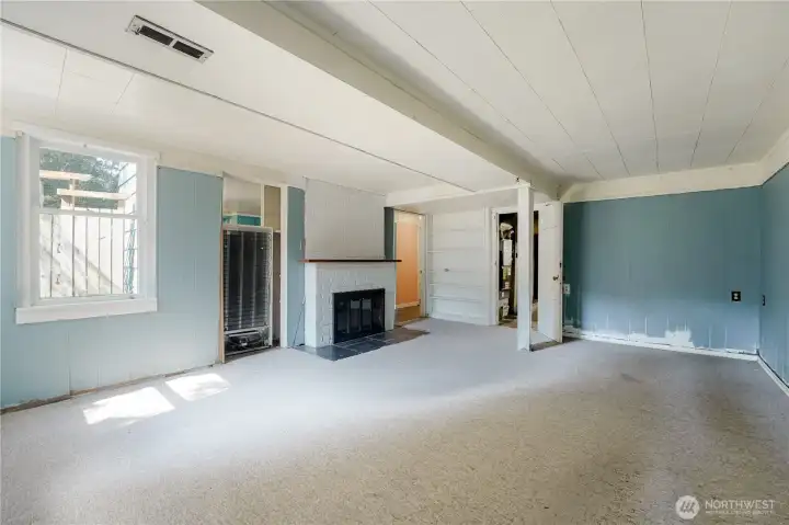 Lower level family/living room with wood fireplace