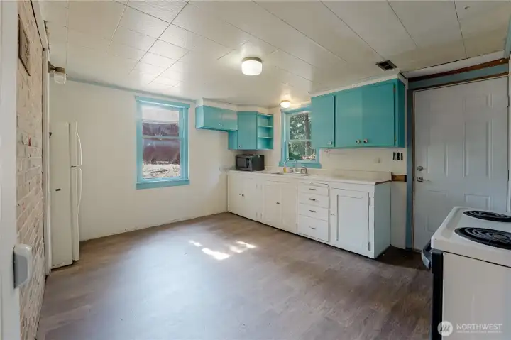 Lower level kitchen with access to backyard