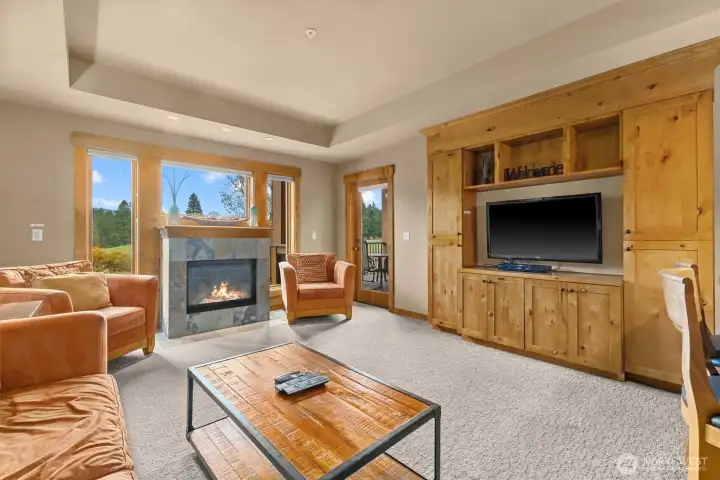 Built-in cabinetry holds TV, books, puzzles, games